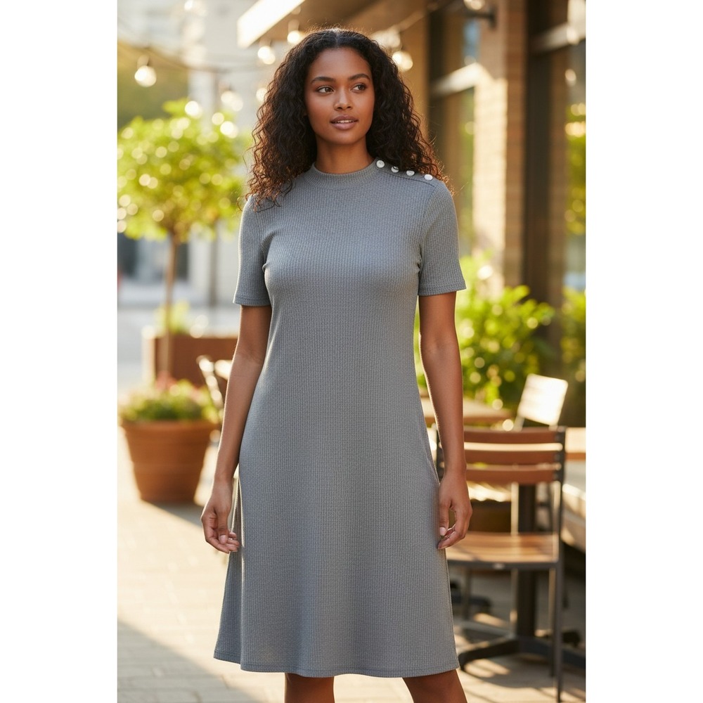 (H-226)Alison Andrews Women's Gray Ribbed Knit Dress Short Sleeve Size‎ L